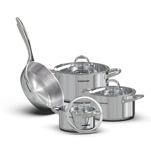 Ensemble de casseroles SUNHOUSE en acier inoxydable 4 pièces pour usage domestique, compatible avec les cuisinières à gaz, comprend des casseroles, des poêles, passe au four et au lave-vaisselle - Product Image 1