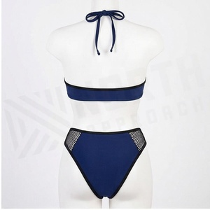 Women's Navy <b>Blue</b> Halter <b>Bikini</b> <b>Set</b> With Mesh Panels And Contrast Binding Regular Fit Two Piece Swimwear - Product Image 2