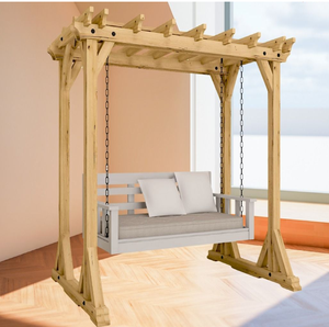 Columpio con techo de madera y banco blanco con cojines de asiento gris claro, disponible a precios de mayorista. - Product Image 1