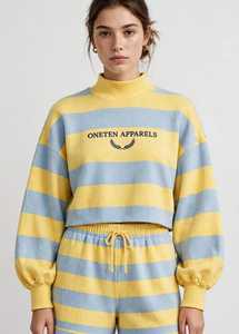 <b>Women's</b> Yellow <b>Blue</b> Striped Knitted Turtleneck Sweatshirt and <b>Shorts</b> 2 Piece Set - Product Image 4