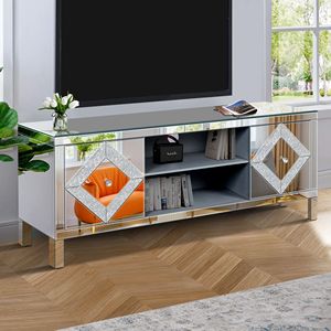 Mobile TV con Vano Portaoggetti Aperto per TV da 65+ Pollici, Tavolo Console Argento con 2 Armadietti, Finitura a Specchio a Forma di Diamante - Product Image 2
