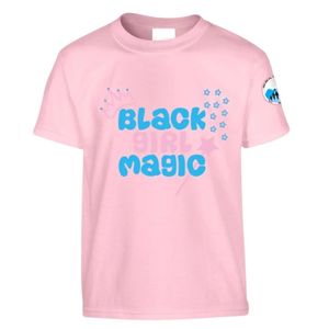 Women's Pink Black Girl Magic Embroidered T Shirt with Blue Lettering <b>Crown</b> and Star Design Short Sleeve Crew Neck Casual - Product Image 1