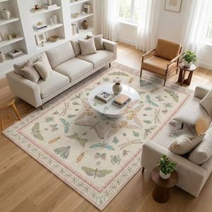 Tappeto Boho Rosa Chiaro 5x7FT per Cameretta e Soggiorno, Lavabile con Stampa di Insetti Naturali per Arredamento Casa - Product Image 2