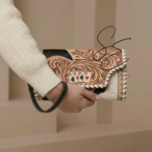 Western Deck Of Cards Tooled Leather Cowhide Women Wallet Card Holder Clutch Purse Aces Handcrafted Hair-On Hide Zipper <b>Wristlet</b> - Product Image 2