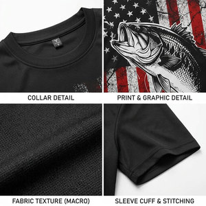 T-shirt de pêche noir pour homme avec drapeau américain et imprimé basse, séchage rapide, polyester, vêtements d'extérieur - Product Image 6