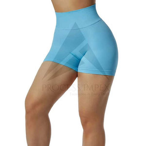Shorts de yoga bleus unis taille haute pour femme, tricotés, extensibles, sportifs, pour la gym, l'entraînement, la course et les activités sportives - Product Image 1