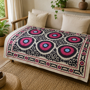 Couvre-lit en coton Suzani fait main exclusif, crème, noir, rose, broderie florale mandala, style bohème, décoration ethnique indienne pour la maison - Product Image 3