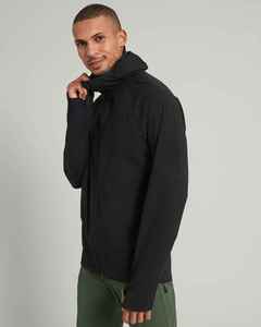 Men's <b>Black</b> <b>Fleece</b> Jacket Stand Collar Zipper Closure Hooded Casual Solid Color Polyester Autumn Wear Regular Fit - Product Image 3