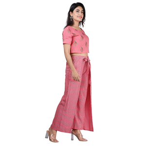 Ensemble coordonné 2 pièces pour femme : Crop top rose imprimé et pantalon palazzo rayé, manches courtes, col rond, décontracté, printemps-été - Product Image 2