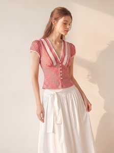 ODM OEM Women's <b>Red</b> <b>Gingham</b> V Neck Cap Sleeve Blouse Lace Inset Vintage Button Up Corset Peplum Top Casual Summer Shirt NOELLE - Product Image 3