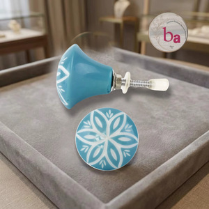 Ba Ceramic Tulip Cabinet <b>Knob</b> Blue with <b>White</b> Floral Pattern Modern for Kitchen Bathroom Living Room Drawer and Dresser Use - Product Image 1