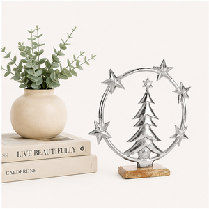 Modern Silver Metal Christmas <b>Tree</b> Sculpture With North Star Circle Premium Nickel-Plated Aluminum Figurine On Solid Wood Base - Product Image 6