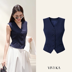 Chaleco de Mujer Moderno Azul Marino a Rayas con Diseño de Peplum en la Espalda, Cuello en V, para Oficina o Casual, de Poliéster y Spandex, Diseño Personalizado HIRA - Product Image 1