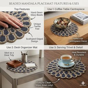 <b>Round</b> Bohemian Embroidered <b>Table</b> Mat Navy Gold Fabric Handmade 450mm Diameter - Product Image 6