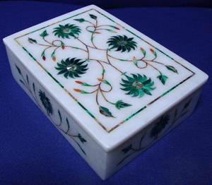 Boîte à bijoux rectangulaire en marbre blanc pur avec finition fine et incrustation de nacre bleue polie lisse, motif floral - Product Image 5