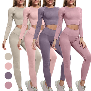 Ribbed Yoga Set Women 2 Piece High Waist Full Length <b>Leggings</b> <b>Long</b> Sleeve Crop <b>Top</b> Solid Color Gym Fitness Workout Wear - Product Image 1