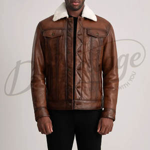 Chaqueta de Cuero Genuino Marrón para Hombre, Chaqueta Trucker de Invierno con Cuello de Forro Polar Blanco, Corte Ajustado, Abrigo Informal de Cuero - Product Image 6