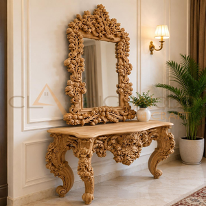 Hand-carved solid teak wood console vanity <b>table</b> frame with ornate mirror border, available at wholesale prices. - Product Image 6