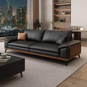 Canapé en cuir noir moderne et minimaliste de style exécutif avec panneaux latéraux en bois de qualité supérieure - Product Image 1