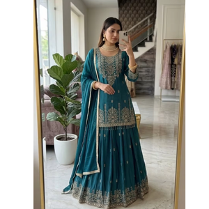 Chinon Silk <b>Sequin</b> Lehenga Embroidered Long <b>Top</b> Finished Lace Dupatta Stitched Blouse Women Festive Three Piece Suit Set - Product Image 1