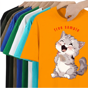T-shirt à manches courtes pour homme imprimé chat de dessin animé mignon, col rond, coupe classique, décontracté, 100% coton jersey, impression numérique sur le devant - Product Image 3