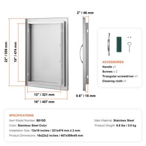Poignée verticale de porte de cuisine extérieure en acier inoxydable 16W x 22H pouces, à encastrer, pour porte d'accès simple au barbecue, pièces et accessoires d'armoires - Product Image 3