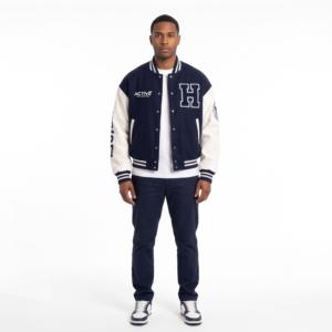Veste universitaire personnalisée 500GSM en laine avec manches en cuir PU, coupe oversize, style Letterman Motorsport, pour homme, vente en gros OEM - Product Image 1