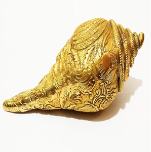 Intricately carved golden brass shankh displaying Lord Vishnu resting posture, ideal for gift, available at wholesale prices. - Product Image 5