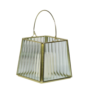 Gold Brass Metal Frame Glass Lantern Tapered Ribbed Glass <b>Candle</b> Holder <b>Hurricane</b> Lantern For Wedding Table Centerpiece Home - Product Image 4