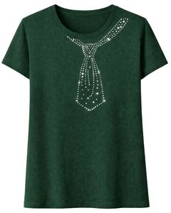 Camiseta de Algodón Verde Oscuro para Mujer con Estampado de Lazo de Diamantes de Imitación, Top Casual de Manga Corta para Verano, Fabricante Personalizado, Suministro de Fábrica OEM - Product Image 1