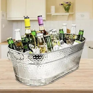 Elegante Bañera Ovalada de Acero Inoxidable con Diseño Martillado y Asas Laterales de Alambre Metálico para Bebidas, Ideal para Fiestas, Vino y Cerveza en Bodas - Product Image 5