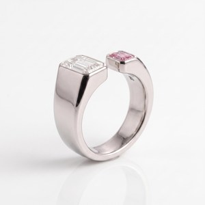 Open Band 1CT White And 0.50CT Pink Emerald Cut Diamond Toi Et Moi <b>Ring</b> 14K White Gold <b>Engagement</b> Fine Jewelry For Girlfriend - Product Image 4
