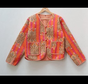 Chaqueta Acolchada para Mujer, Cuello en V, Manga Larga, Estampado Animal, Patrón de Tigre Naranja y Rosa, Poliéster, Abrigo de Otoño - Product Image 1