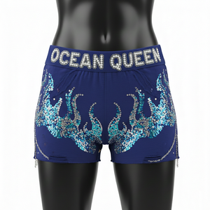 Shorts de mujer de lujo, suaves y elásticos, de poliéster y spandex, azules, con diseño de logotipo con pedrería Hotfix. - Product Image 1