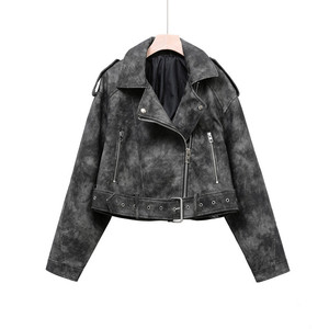 Chaqueta de Moto de Cuero PU para Mujer, Cuello Alto, Manga Larga, Cierre de Cremallera, Estilo Otoñal, Color Sólido - Product Image 5