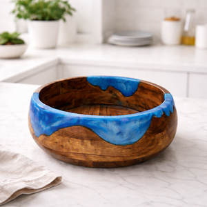 Tazón para Ensalada Redondo Decorativo Hecho a Mano de Madera de Acacia con Resina Epoxi Azul y Marrón Natural, para Servir en Fiestas, Festivales y Decoración del Hogar - Product Image 2
