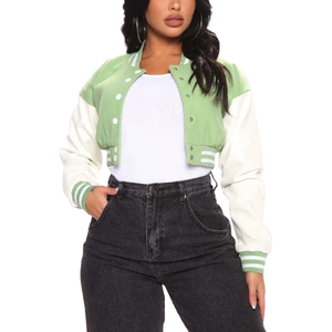 Women Wool Varsity <b>Jacket</b> Cow Skin Leather Full Sleeves Custom Logo Winter <b>Cropped</b> Bomber Varsity <b>Jacket</b> - Product Image 1