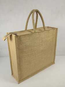Sac fourre-tout en jute beige naturel avec fermeture à glissière, sac de courses réutilisable et écologique avec poignées en tissu résistant - Product Image 3