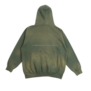 Sweats à capuche dégradés en éponge française de 14 oz 100% coton avec des cordes broderie de couleur verte sweat à capuche surdimensionné lavé à l'acide - Product Image 2