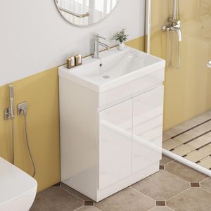 Mobile Bagno da 24 Pollici con Lavabo e Specchio, Armadietto a 2 Ante e Ripiano, Design Unico con Bordo Spesso Senza Maniglie - Product Image 4