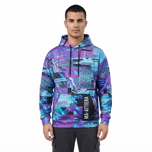 Sudadera con Capucha Morada y Azul para Hombre con Estampado Gráfico Abstracto, Bolsillo Canguro, Estilo Urbano - Product Image 1