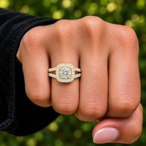 Bague de Mariage en Or 14K 18K avec Diamant de Laboratoire Taille Ronde et Halo Coussin, Bague à Double Pavé DEFVVS 1.00Ct, ODM - Product Image 2
