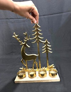 Reindeer Brass Gold Candle Holder With Wooden Base Decorative <b>Table</b> Accent Perfect For Festive And Seasonal Home Decor - Product Image 5