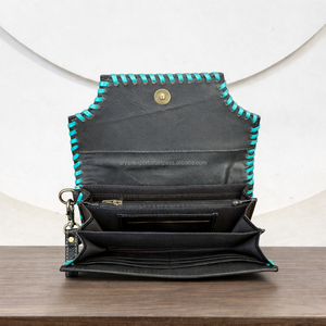 Vintage Deck Of Cards Tooled Leather Cowhide Women Wallet Turquoise Whipstitch Card Holder Clutch Purse Hair-On Zipper <b>Wristlet</b> - Product Image 5