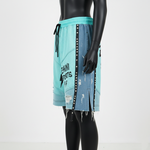 กางเกงขาสั้นผู้หญิงพรีเมียม 180 GSM ผ้าโพลีเมชระบายอากาศสีเขียวอมฟ้า แต่งแถบข้างด้วยผ้าเดนิม พร้อมโลโก้แบบรีดร้อนตามสั่ง - Product Image 3