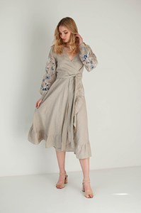 Robe midi élégante en lin brodé, manches bouffantes florales et ourlet à volants, col en V artisanal, robe bohème faite à la main - Product Image 3