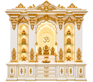 Armoire de rangement de temple domestique de luxe en or blanc, éclairage LED, en teck fait main, design moderne, mobilier de temple Pooja pour la maison - Product Image 2