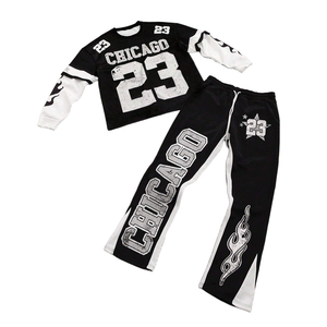 Ensemble de survêtement sportif noir personnalisé 2026 pour homme, imprimé Chicago, sweat-shirt et pantalon de jogging, tenue décontractée streetwear athlétique deux pièces - Product Image 2