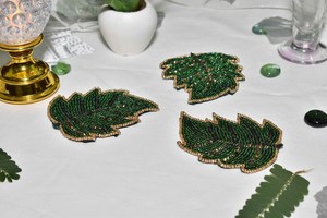 Handmade Beaded Leaf <b>Coasters</b> Set Of 3 Green <b>Gold</b> Trim Classic Bar Accessories Reusable Cocktail Trays - Product Image 1
