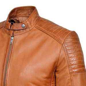 Blousons moto en cuir véritable marron pour hommes, col montant, fermeture éclair, coupe classique, style automne, en cuir de vachette, prix bas - Product Image 4
